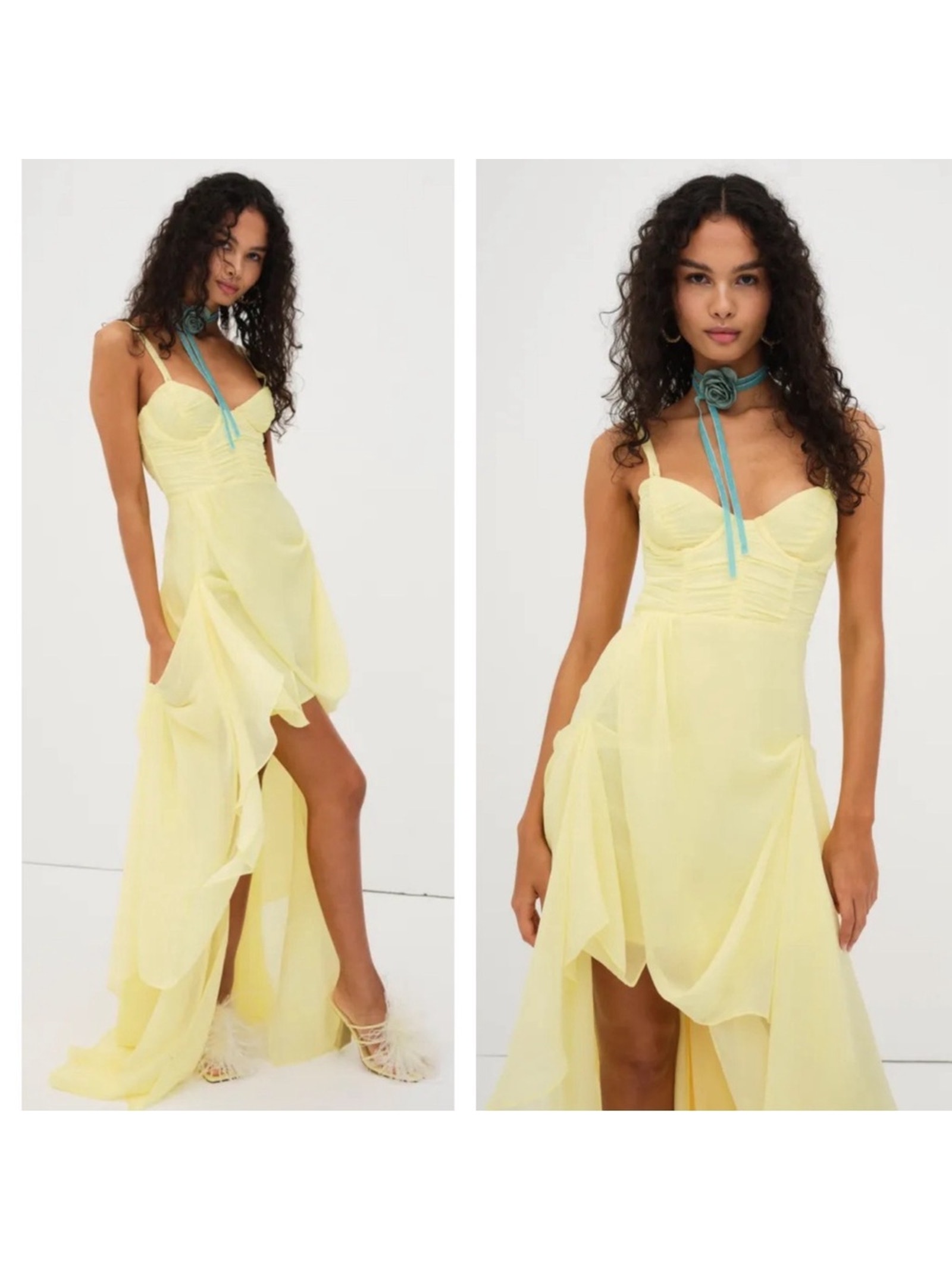 For Love & Lemons June Ruched Draped Tiered High Low Yellow Maxi Dress Sz Small